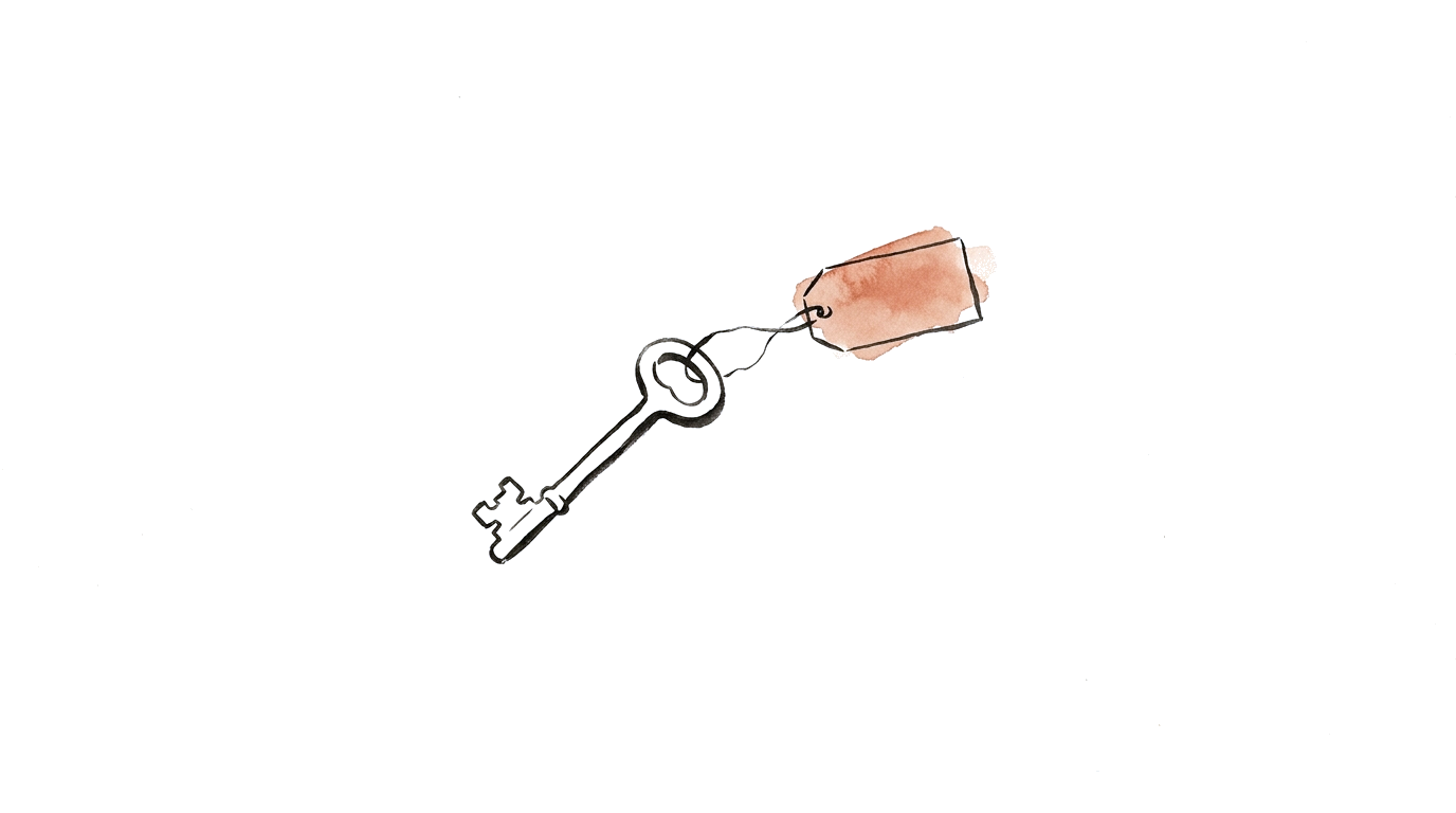 Ilustração a tinta da china: uma chave com uma etiqueta de preço a sienna — a rentabilidade do arrendamento.
