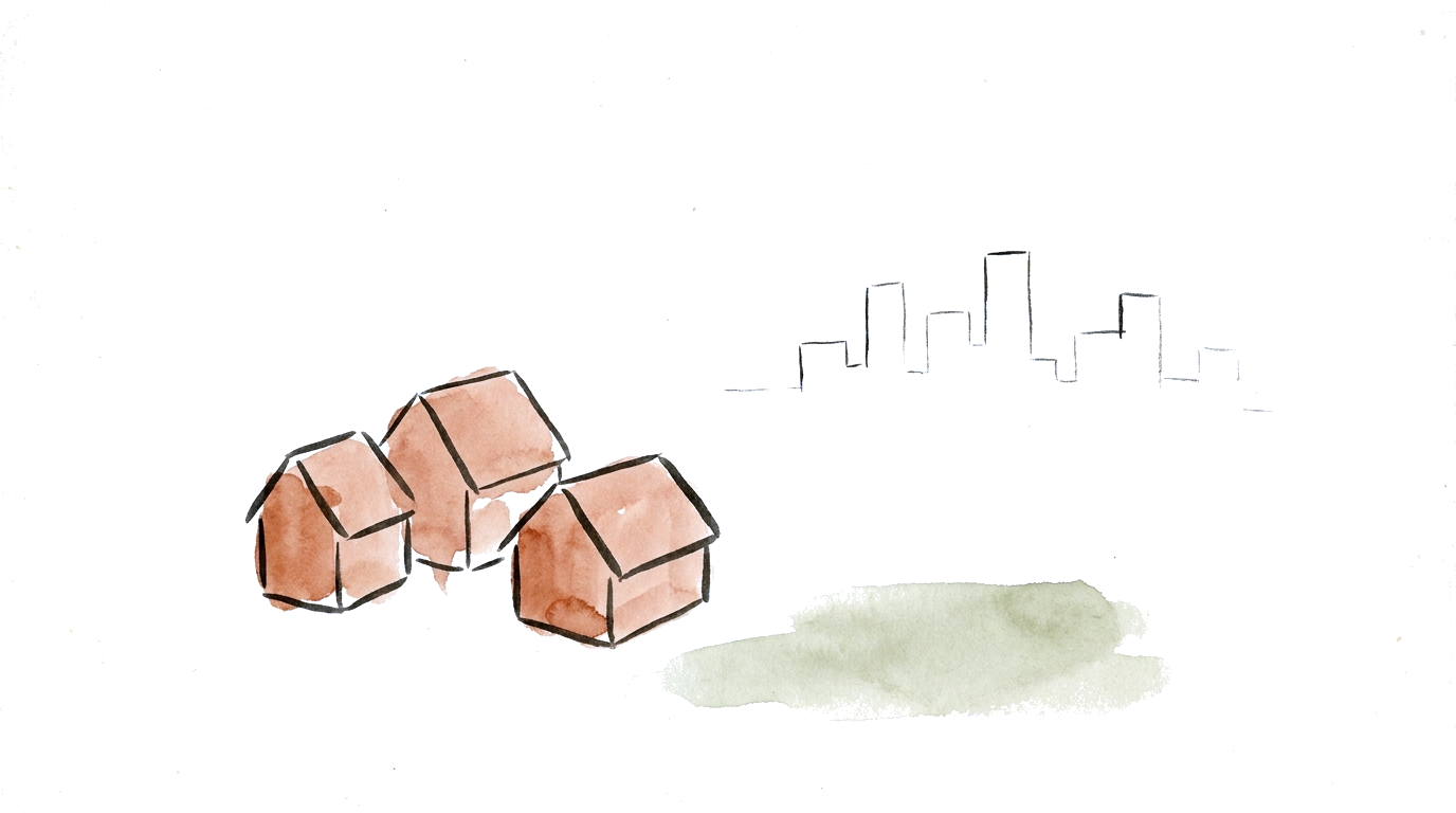 Ilustração a tinta da china: casas da periferia com uma aguada sienna e, ao longe, a silhueta apagada da cidade — o valor a mudar de código-postal.