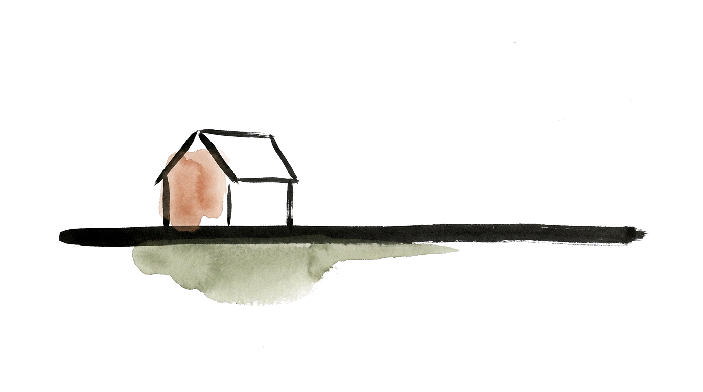 Ilustração a tinta da china: uma casa assente numa base sólida de tinta — o piso estrutural dos preços.